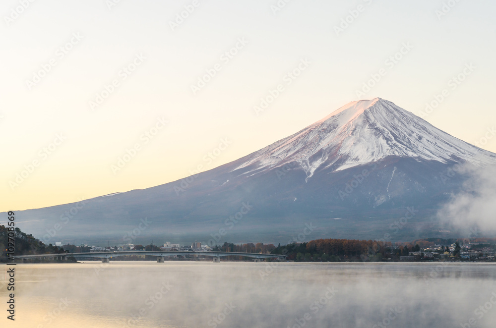 Mount fuji in autumn morning at kawaguchiko lake japan