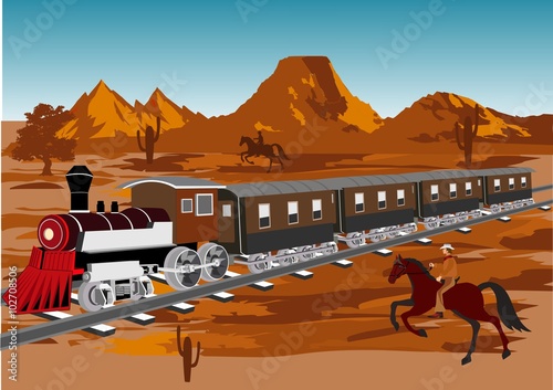 Wild west vector illustration. Train in prairie, cowboy on horse, blue sky