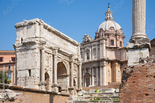Rome - Forum romanum and the Triumph arch of Septimus Severus and st. Lucke chruch.