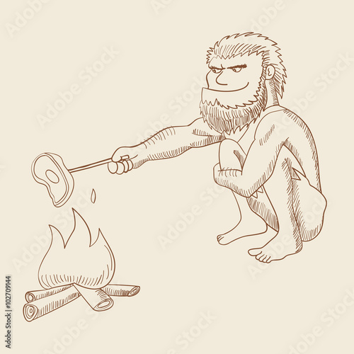 Line art illustration of a caveman cooking meat on fire