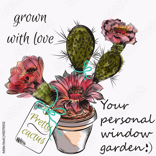 Pretty vector card with hand drawn cactus grown with love