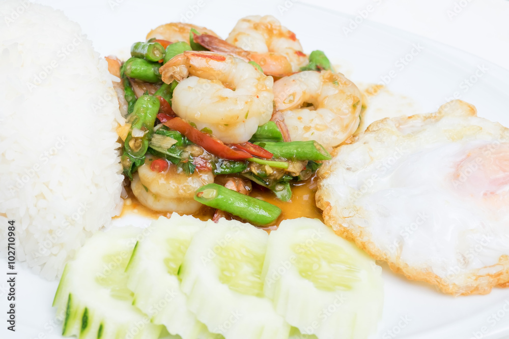 rice and shrimp with Basil and chili sauce and egg rice and shrimp with Basil and chili sauce and egg