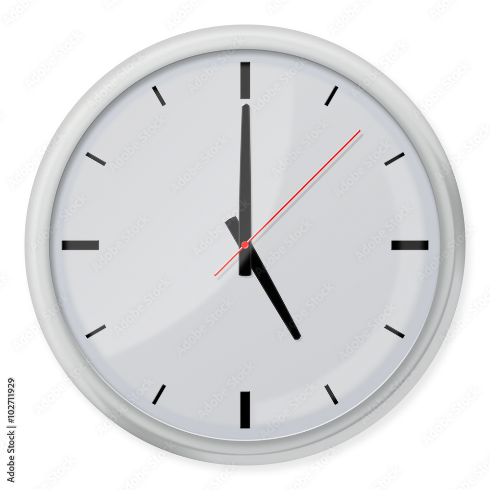 Round wall clock with shadows isolated on white background. Round wall clock with shadows isolated on white background.