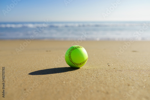 Softball at a California beach with white wave in pacific ocean