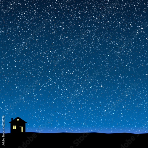 Vector silhouette of the house on the star sky.