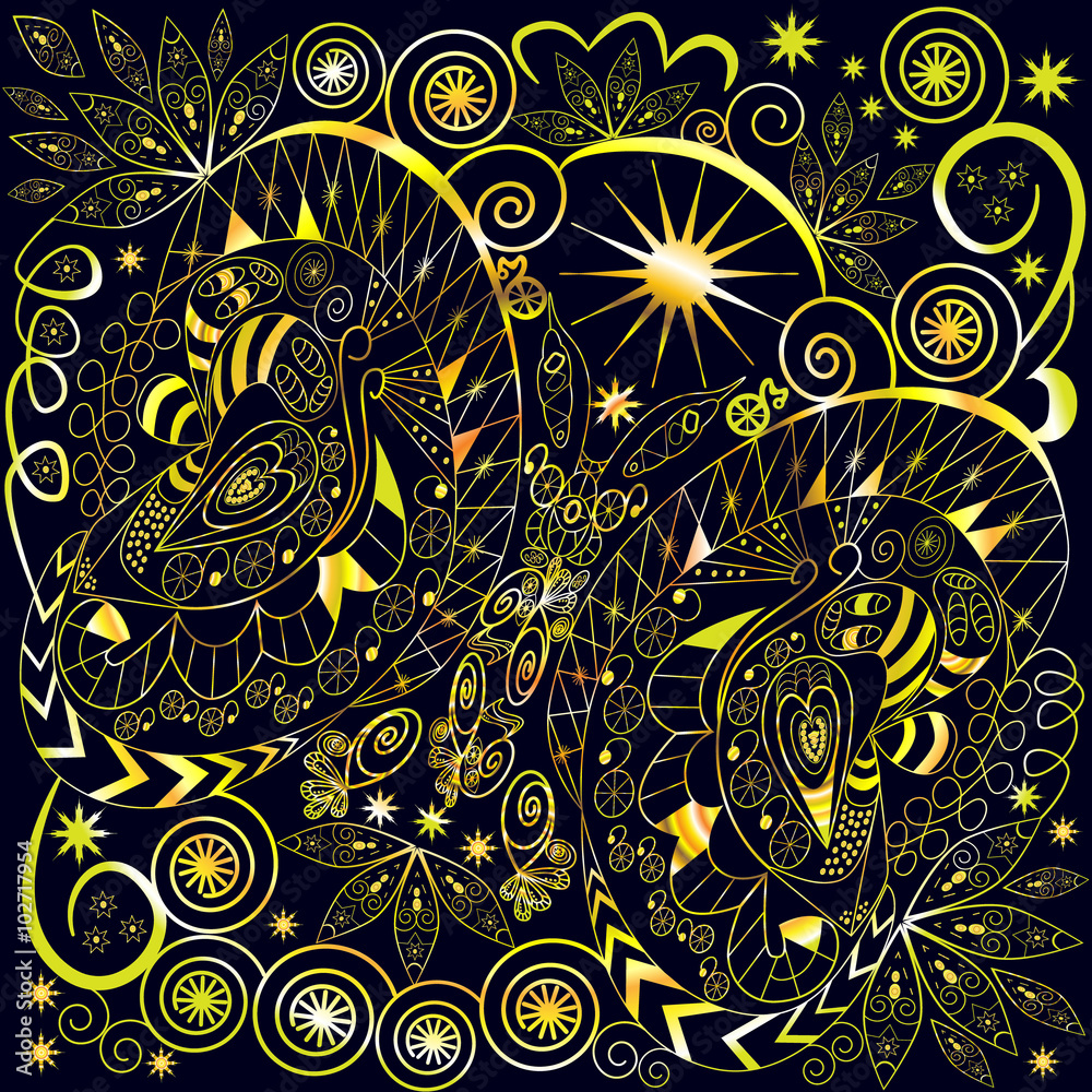Graphic illustration of abstract gold geometric shapes on a black background