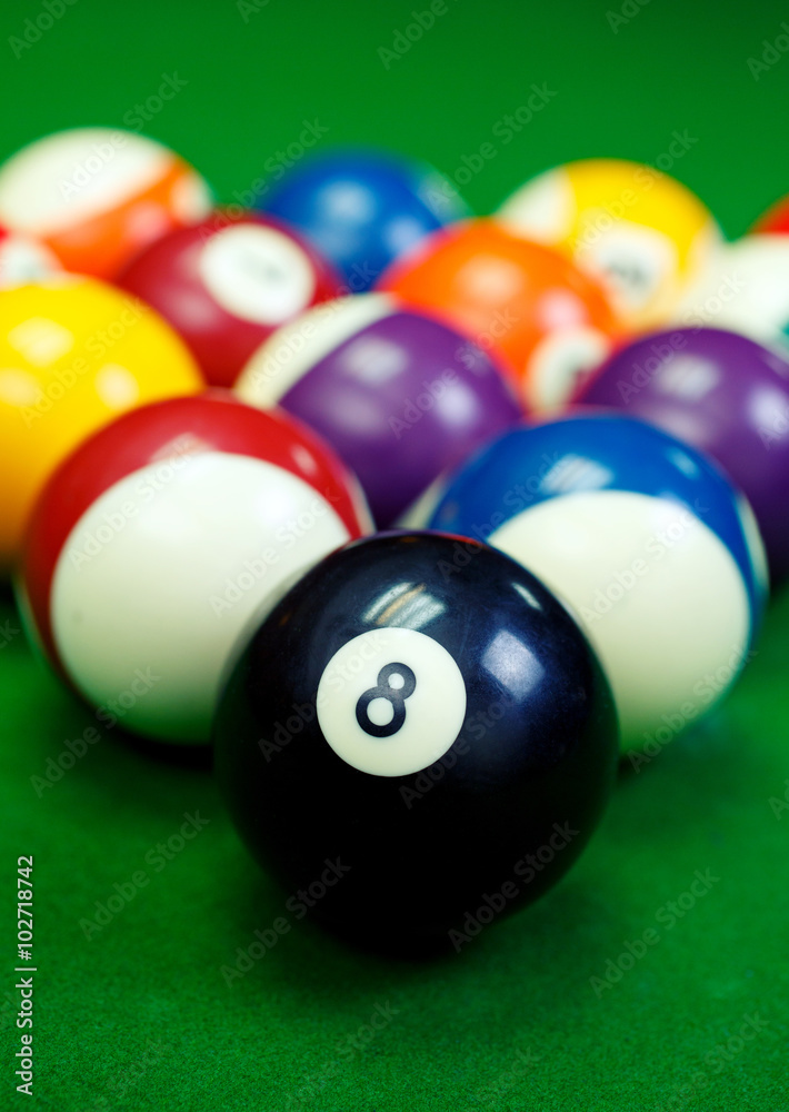 billiard balls on a green pool table, closeup billiard balls on a green pool table, closeup