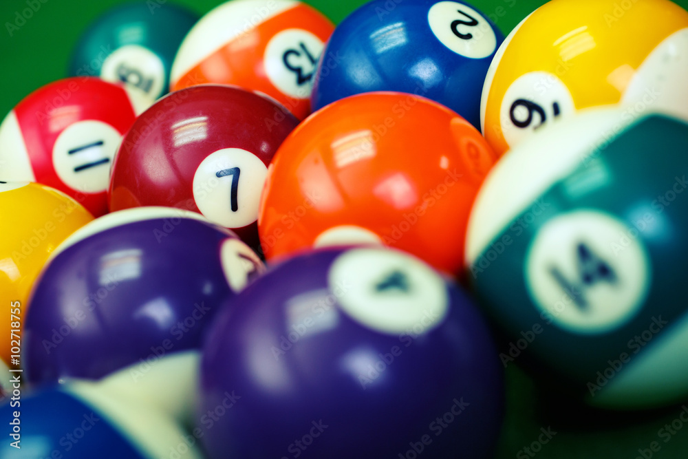 billiard balls on a green pool table, closeup billiard balls on a green pool table, closeup