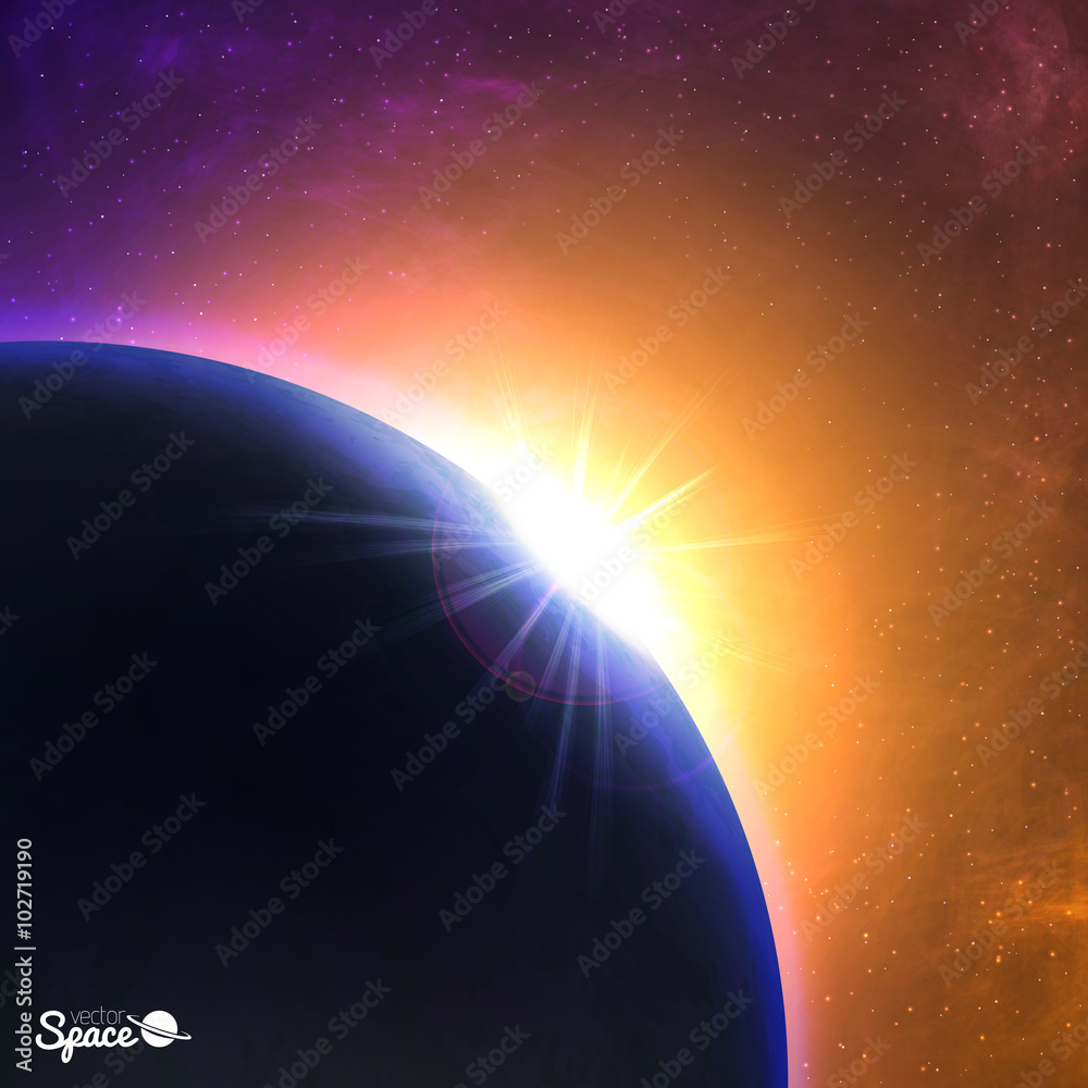 Vector sunrise over the planet. Beautiful dawn from space point of view. Cosmic background.