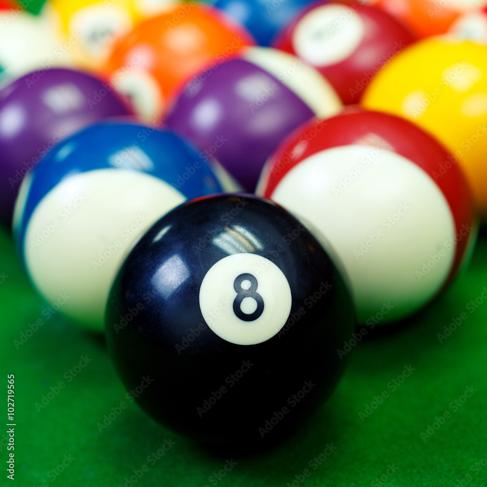 billiard balls on a green pool table, closeup billiard balls on a green pool table, closeup