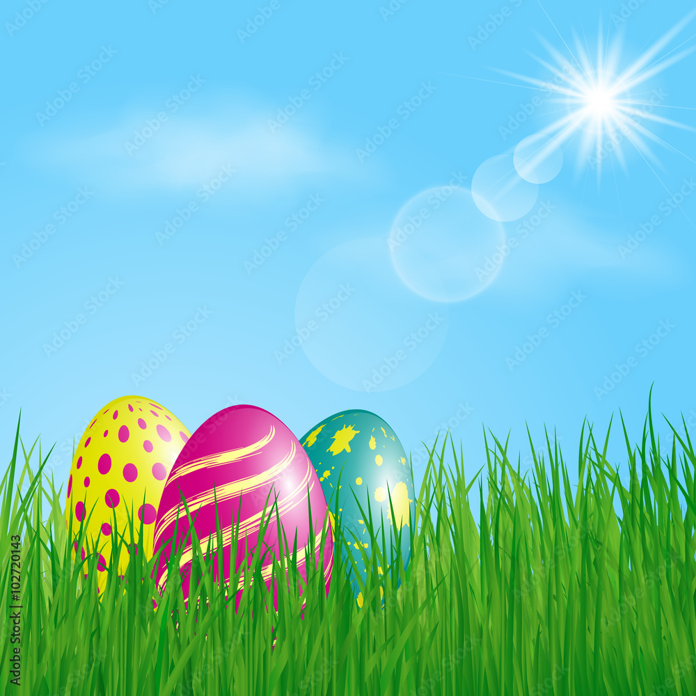 Three colorful Easter Eggs in the grass on sunny sky background. Vector illustration.