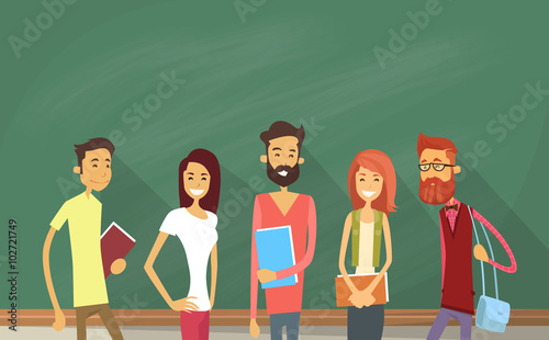 Student Group Over Green Blackboard Holding Books