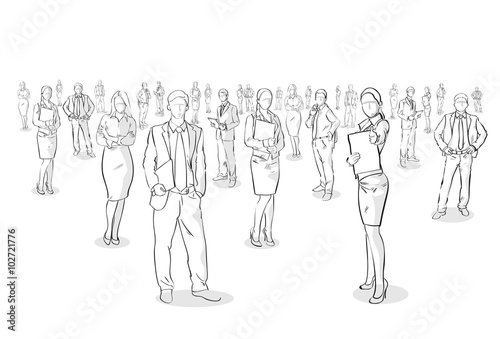 Group Of Hand Drawn Business People, Sketch Businesspeople 