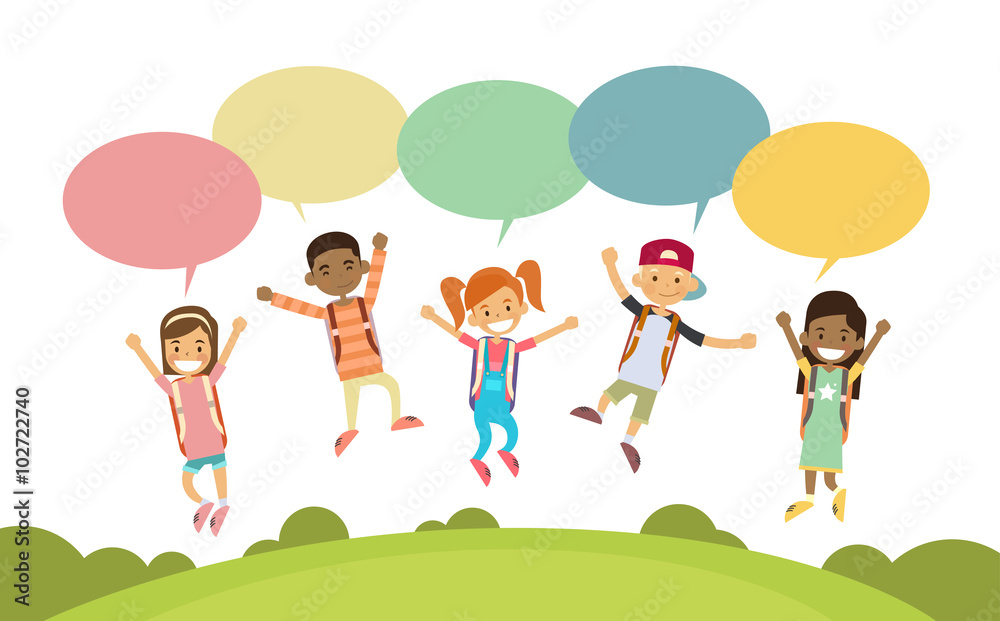 Children Happy Smile Group Jump Colorful Chat Box Park