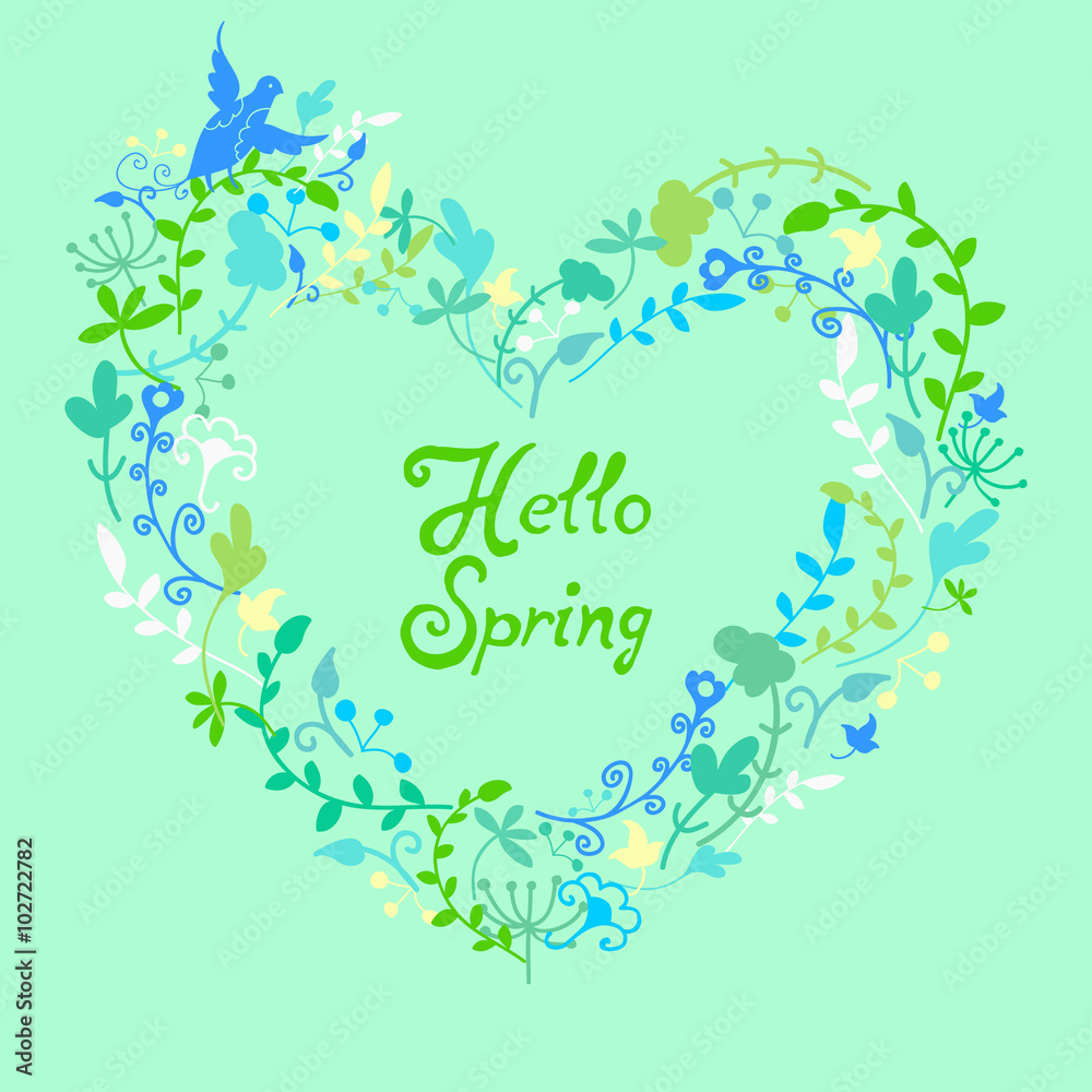 Cute beautiful floral frame with phrase Hello spring or template for another text. Greeting card, invitation, template, banner, spring sale