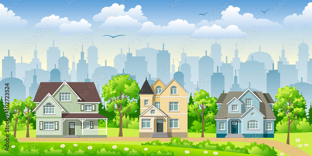 Plakat Cityscape with three classic houses