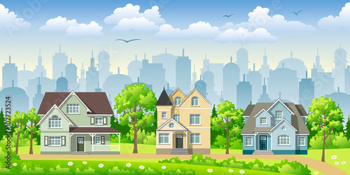 Cityscape with three classic houses
