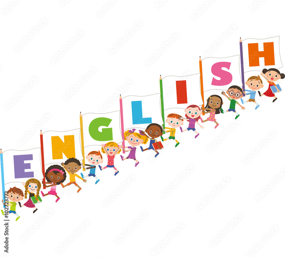 英語の旗を持つ子供達 英語の旗を持つ子供達