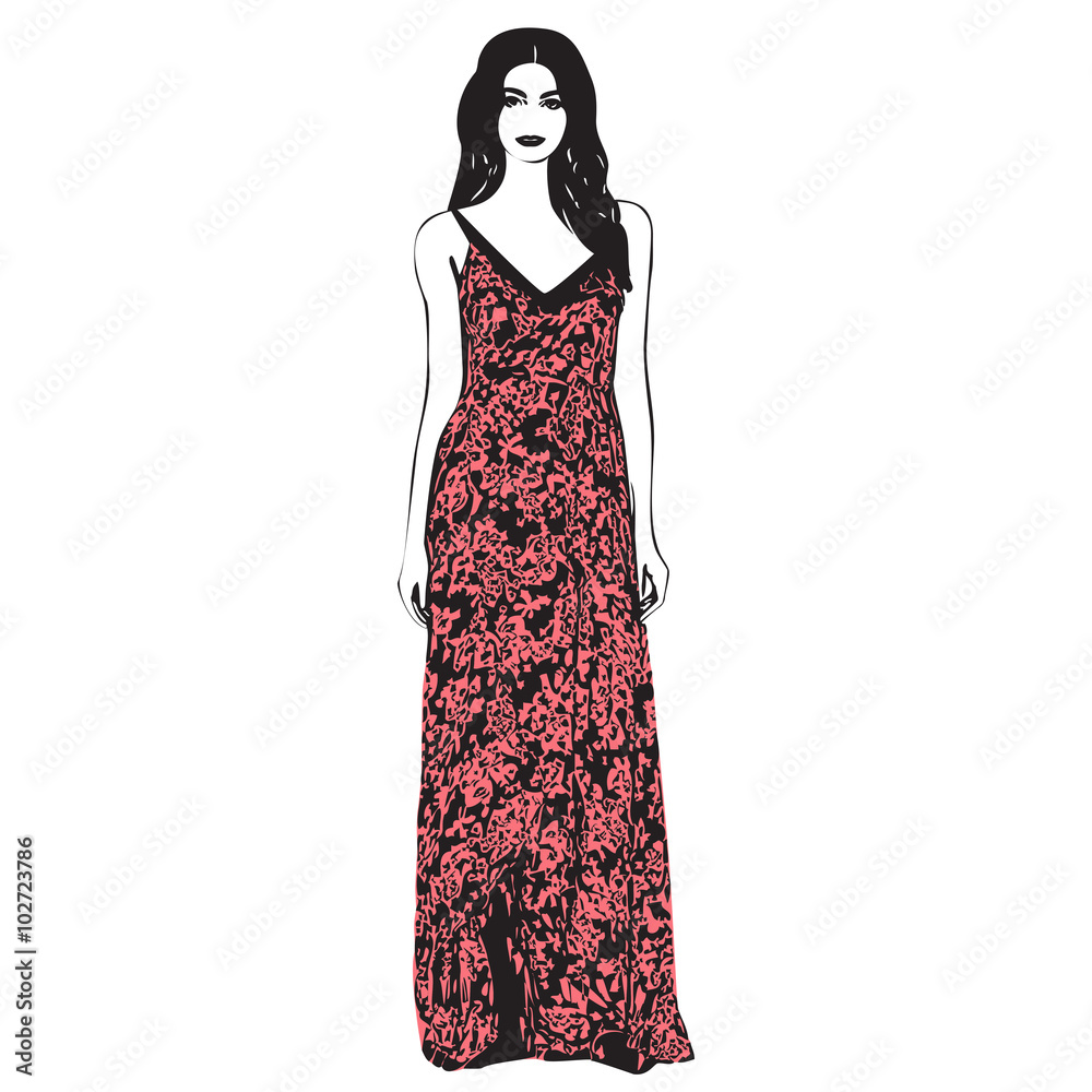 Beautiful young women in a fashion long dress. Bright floral pri