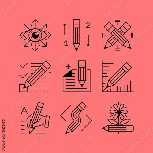 Set of line vectors icons in the flat style. The pencil tool, creative professional content creation, proofreading and editing, art and design.