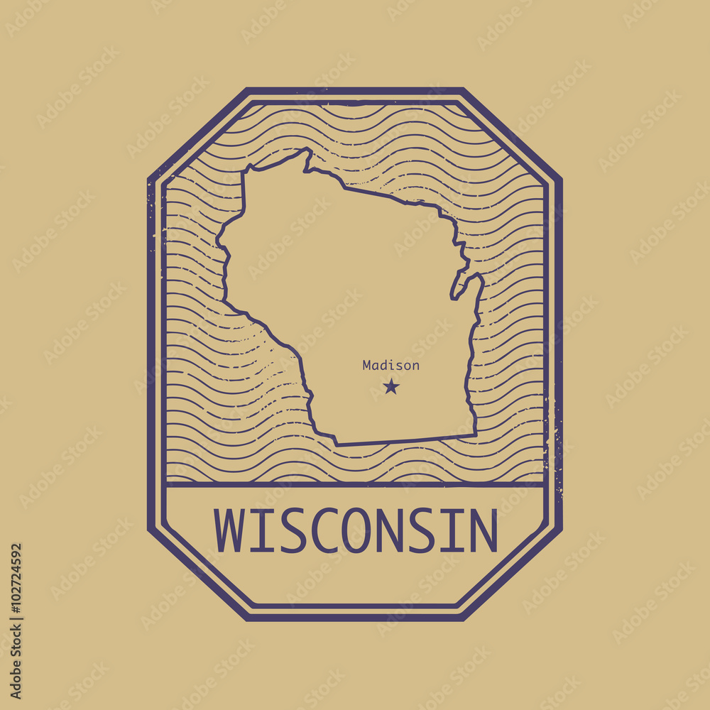 Stamp with the name and map of Wisconsin, United States Stamp with the name and map of Wisconsin, United States
