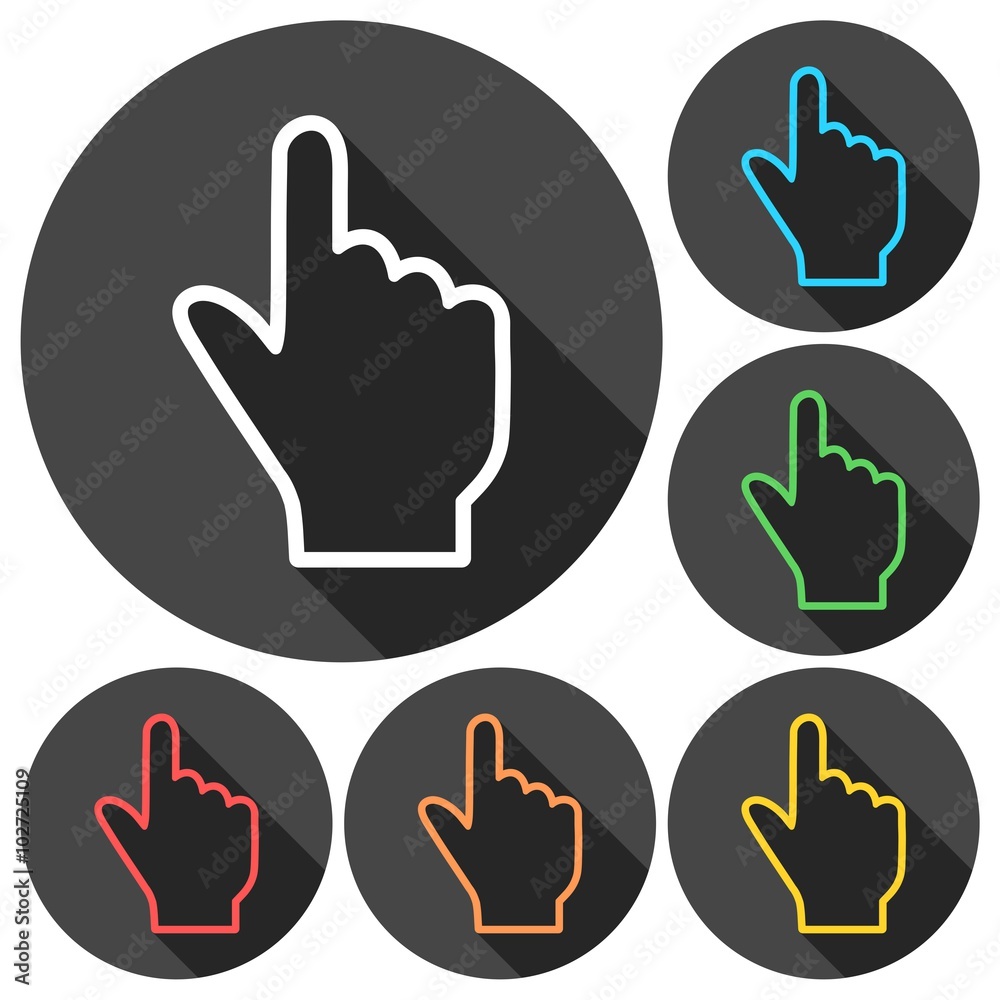 Hand cursor, hand icons set with long shadow Hand cursor, hand icons set with long shadow