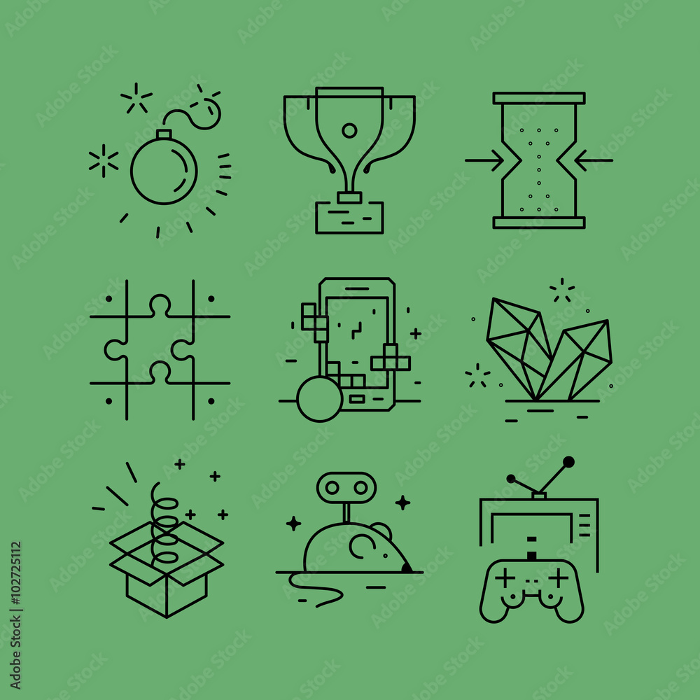 Set of line vectors icons in the flat style. Game design, skills and  resources, video games,logical thinking, strategy development. Stock Vector  | Adobe Stock
