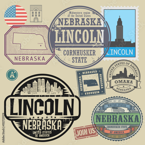 Stamp set with the name and map of Nebraska, United States