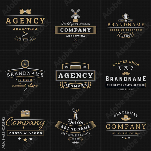 Set of Hipster Vintage Labels, Logotypes, Badges for Your Business. Bow-tie, Windmill, Barber, Camera, Scissors, Hat. Vector Illustration on Dark Textured Background