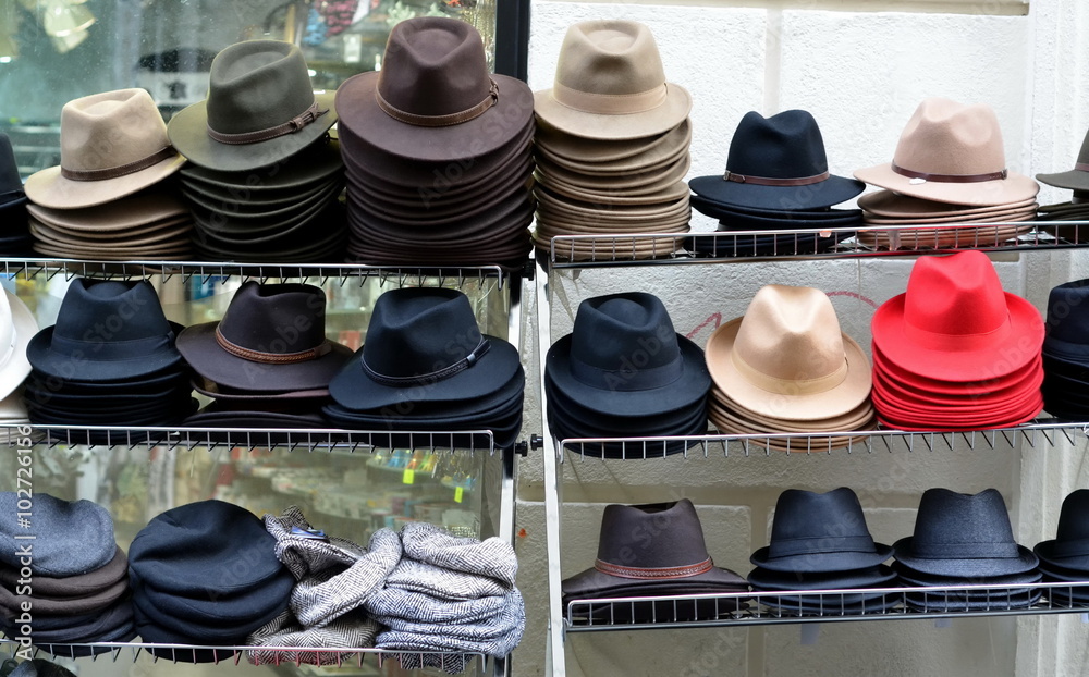 Showcase of Hat store in Paris, France. Sell of fedora hats 