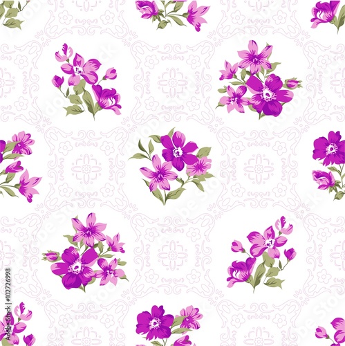 Pink Flowers and Ornaments Seamless Pattern