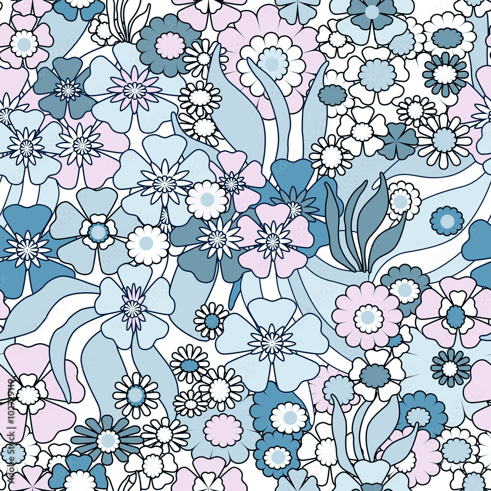 Floral seamless pattern in retro style, cartoon cute flowers bac
