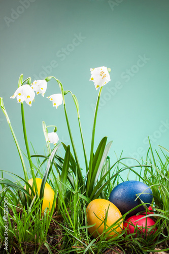 spring snowflake in the grass and Easter eggs