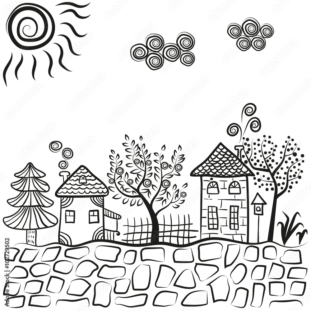 Doodle village landscape. Abstract countryside. Sketchy houses and trees. Vector illustration. 