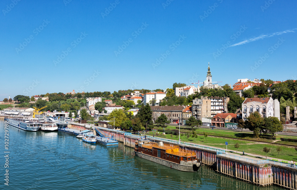 Belgrade from river Sava with riverboats on a sunny day, Serbia
