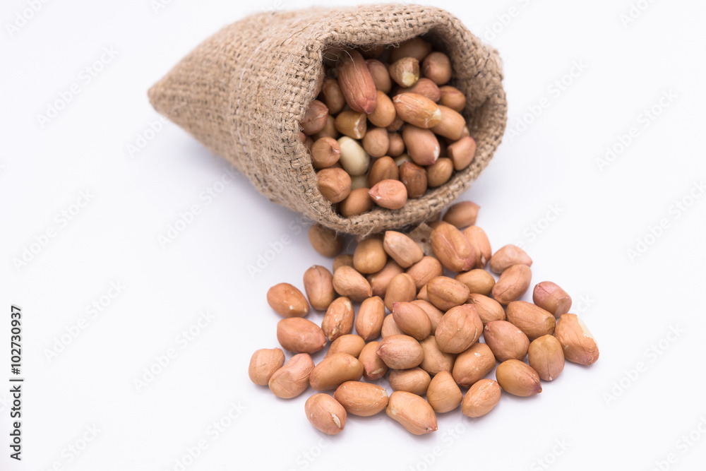 Peanut in Gunny Bag on white background Peanut in Gunny Bag on white background