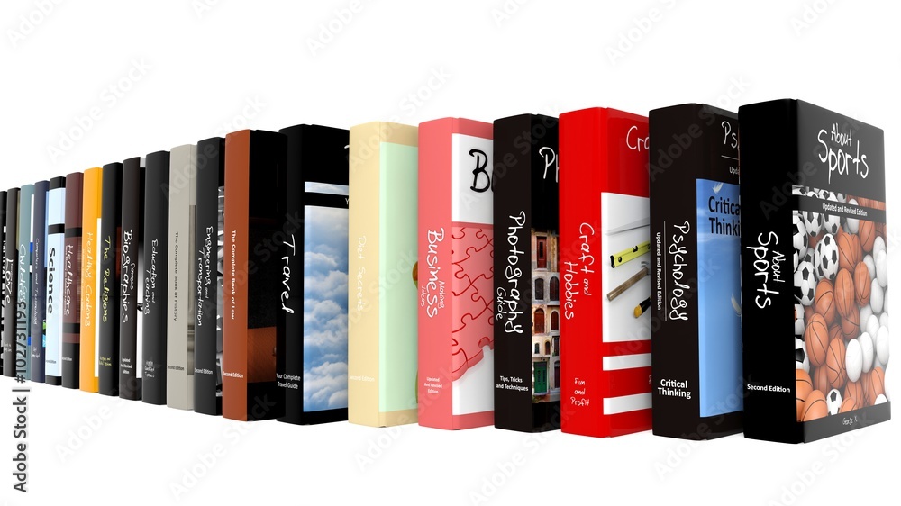 Naklejka premium Books with various subjects in line, isolated on white background.