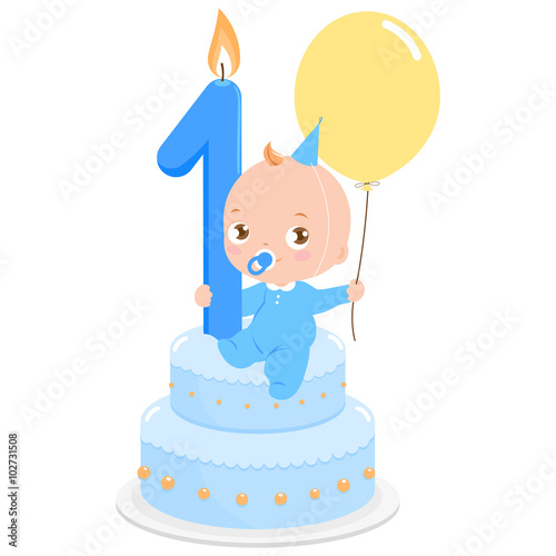 Baby on a blue birthday cake celebrating his first birthday holding a balloon. Vector Illustration