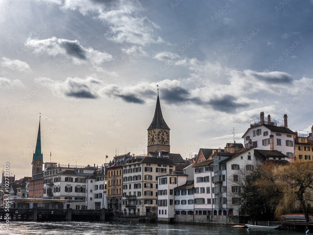 View of the riverside of the Limmat and the old town of Zurich -