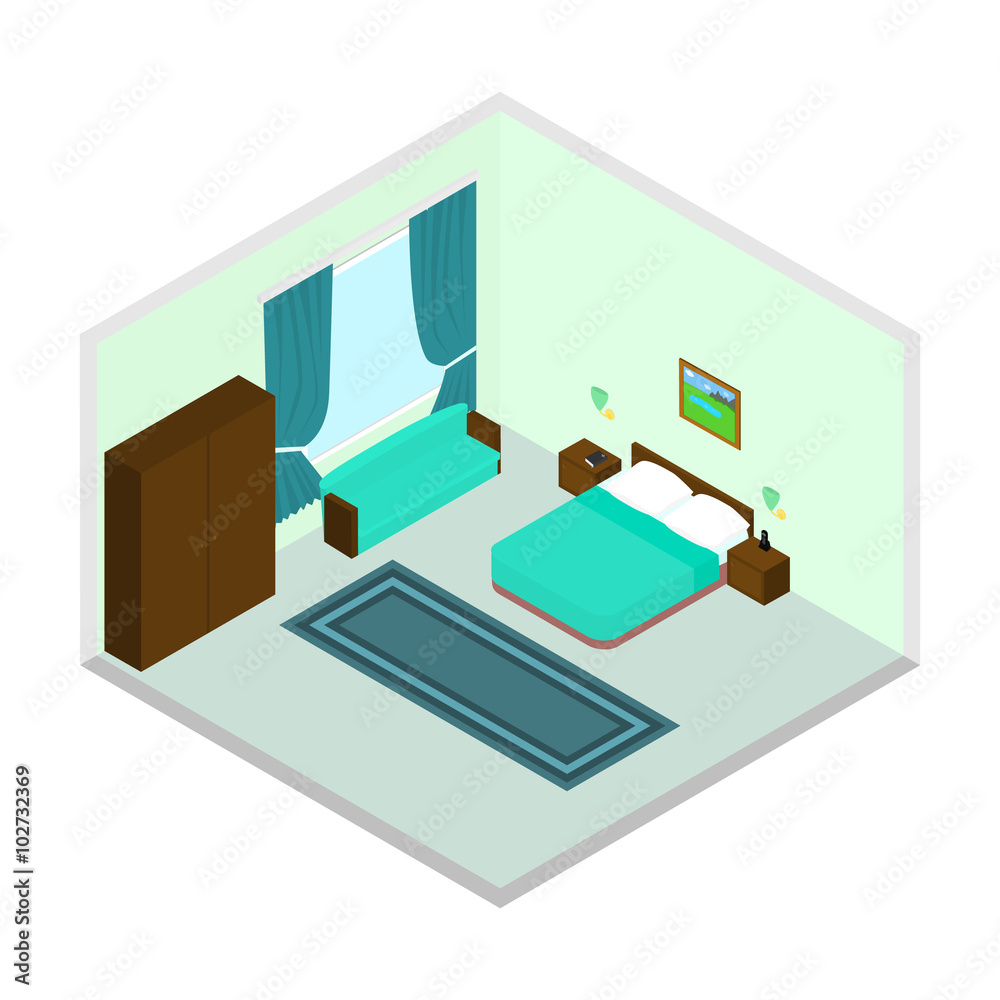 Vector isometric bedroom icon set.