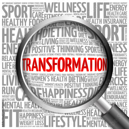 TRANSFORMATION word cloud with magnifying glass, health concept