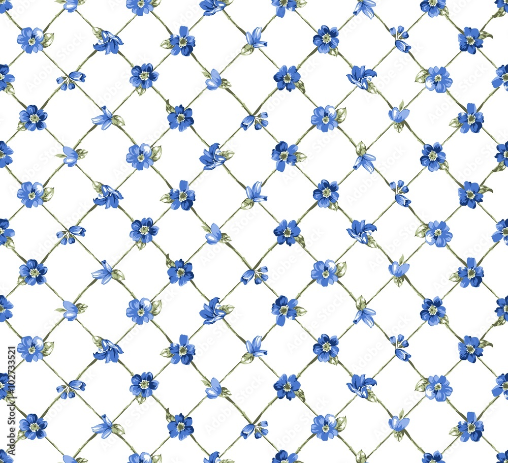Naklejka premium Live Fence with Blue Flowers Seamless Pattern