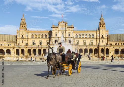 Coche de caballos en Plaza de España. Sevilla