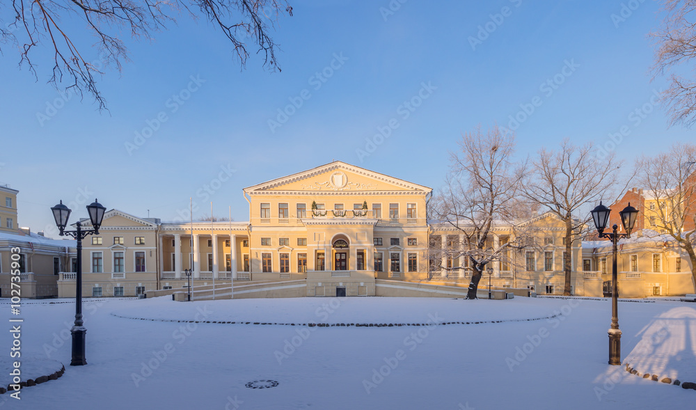 St. Petersburg in the winter. The Yusupov Palace on the Fontanka in frosty sunny day, panorama
