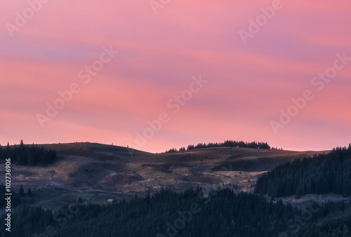 Carpathian Mountains. Autumn hills at sunset.