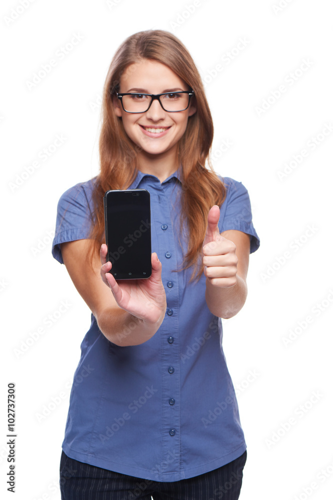 Woman showing blank black smart phone screen Woman showing blank black smart phone screen