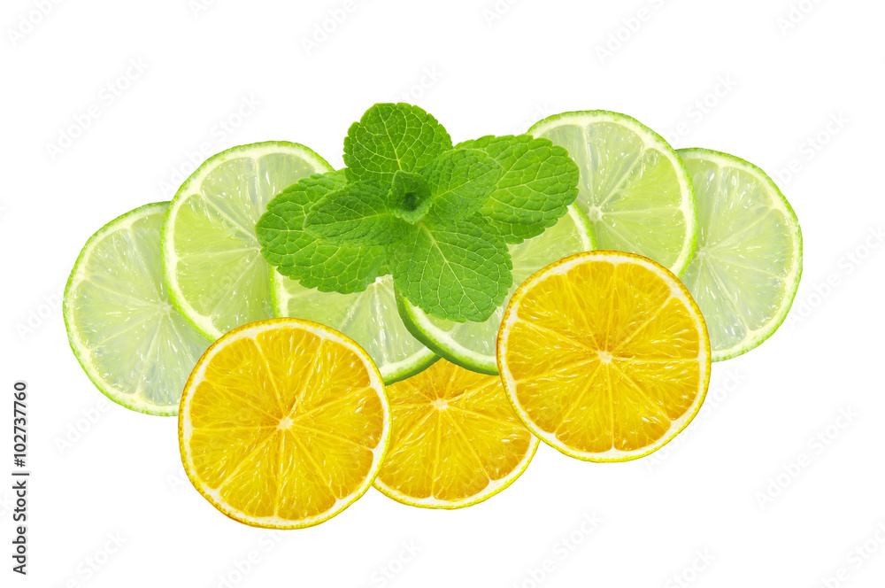 Mint with lime and lemon slices isolated on white