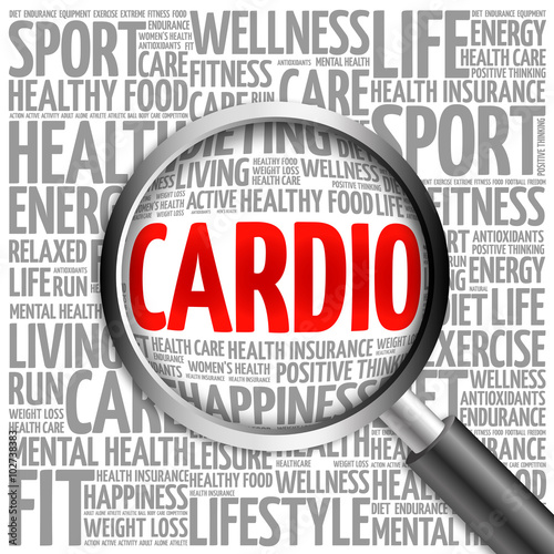 CARDIO word cloud with magnifying glass, health concept