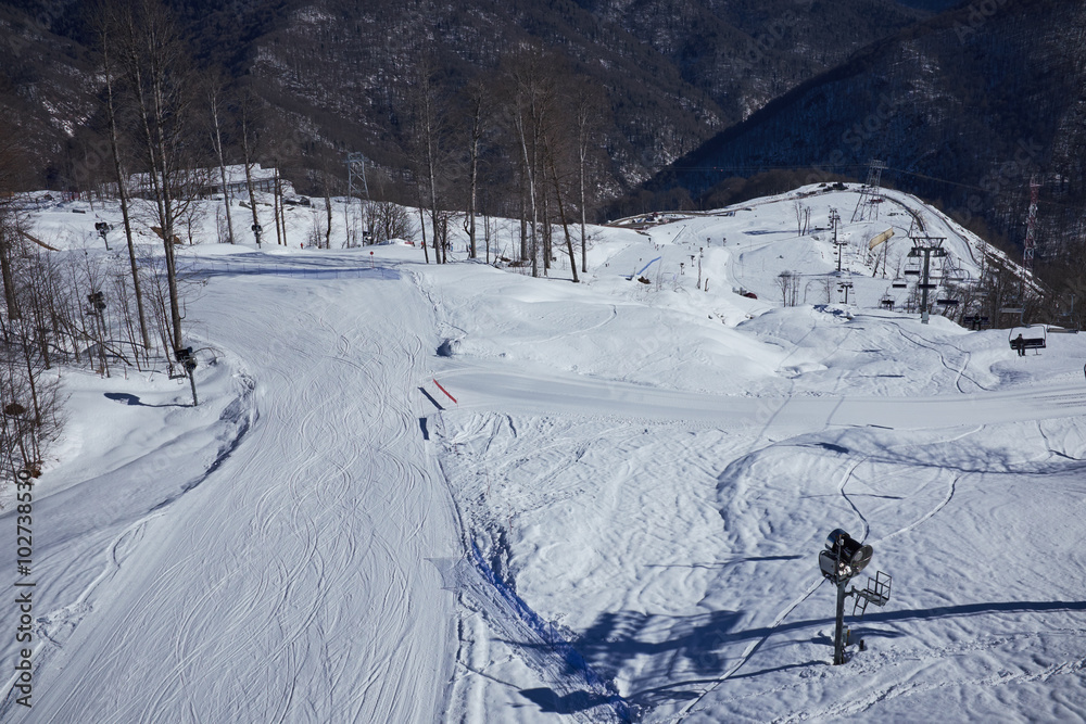 beautiful view of the mountains with ski, snowdoarding slope 