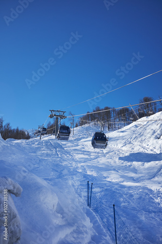 beautiful view of the mountains with ski, snowdoarding slope 